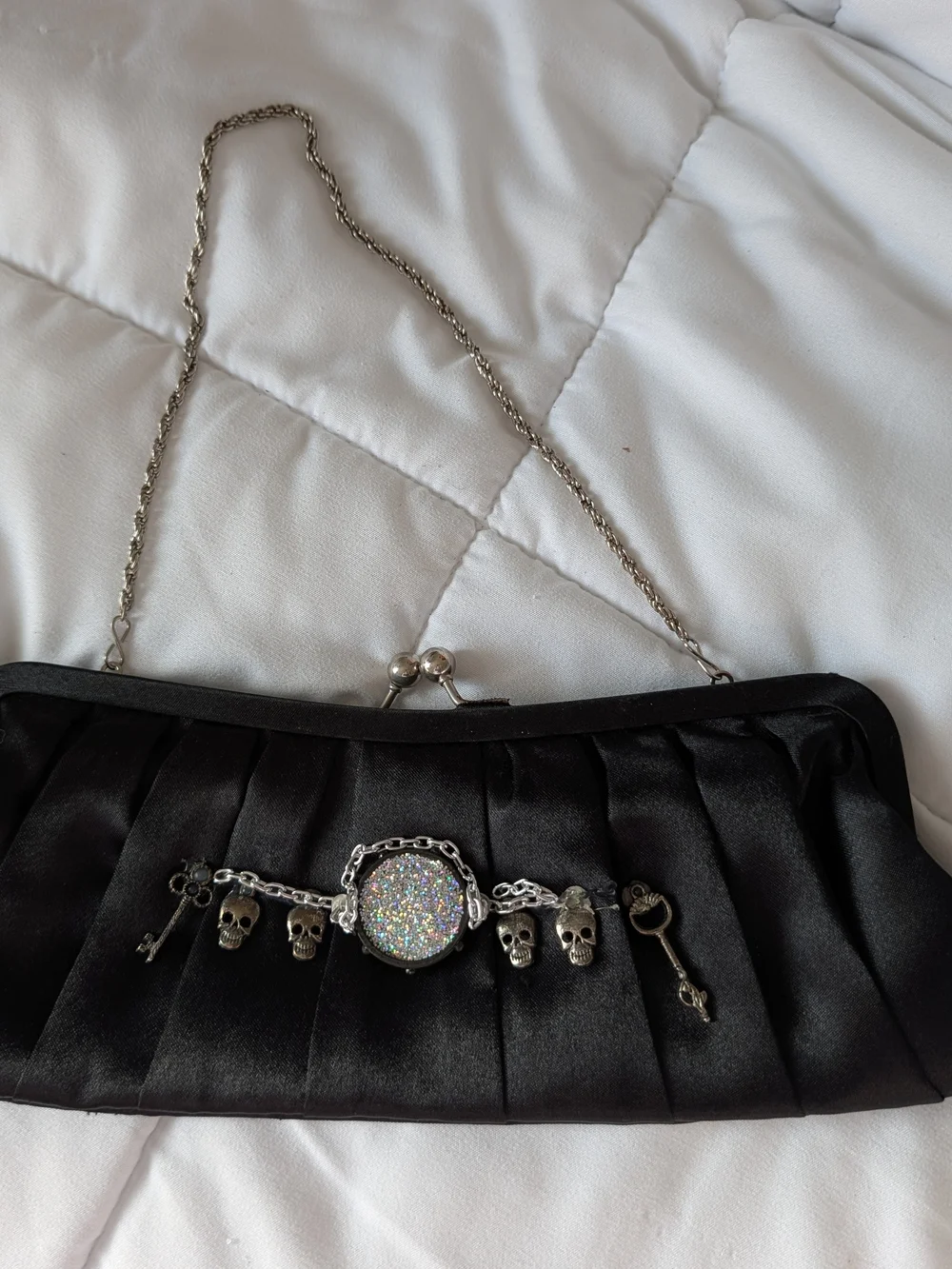 Black Satin Evening Clutch with Skull & Key Charms